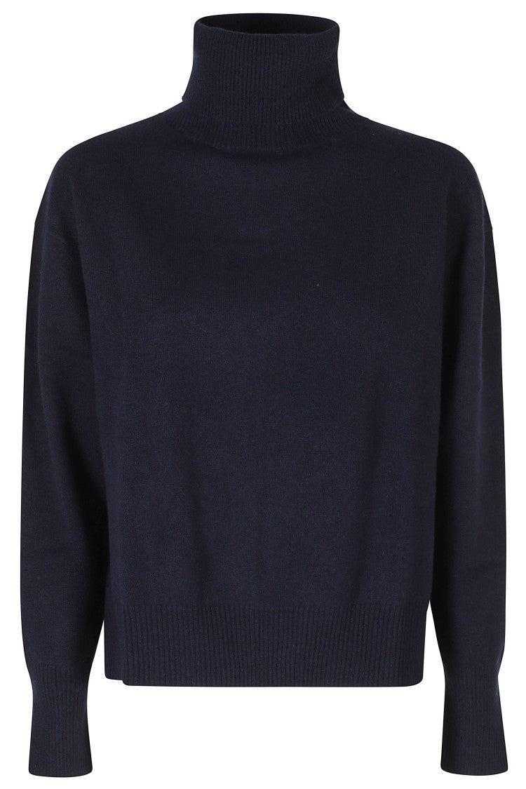 Semi Couture High Neck Blue Dahlia Sweater With Side Slits And Ribbed Trim