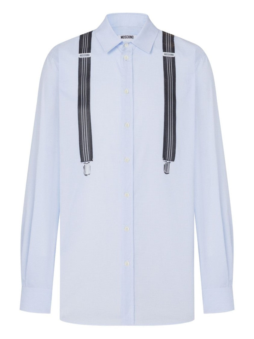 Moschino Long-Sleeved Light Blue Shirt With Printed Suspenders