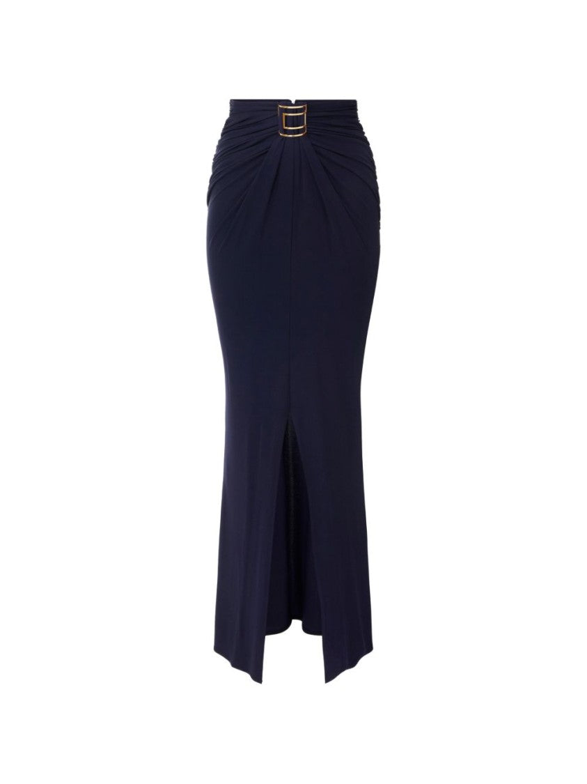Elisabetta Franchi Black High-Waisted Fitted Ruching Midi Skirt