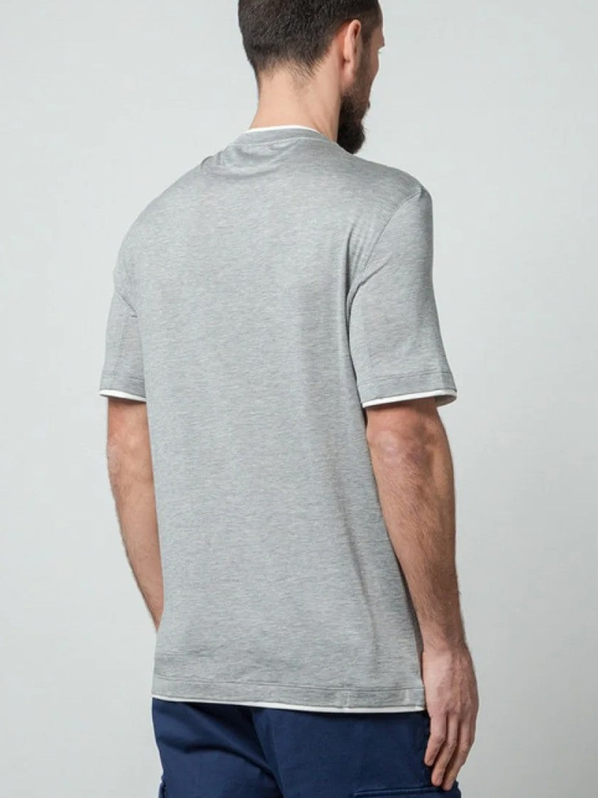 Brunello Cucinelli Grey Contrasting Crew Neck Cotton T-Shirt