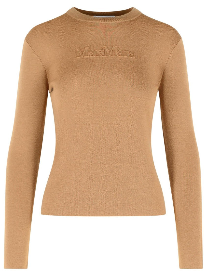 Max Mara Pure Wool Interlock Yarn Sweater With Brown Embossed Logo
