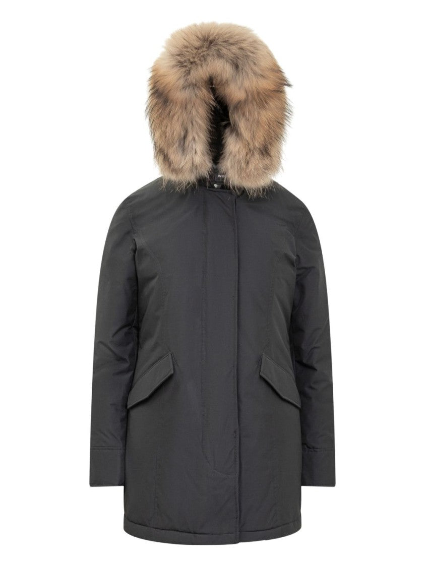 Woolrich Structured Black Parka With Natural Fur Hood