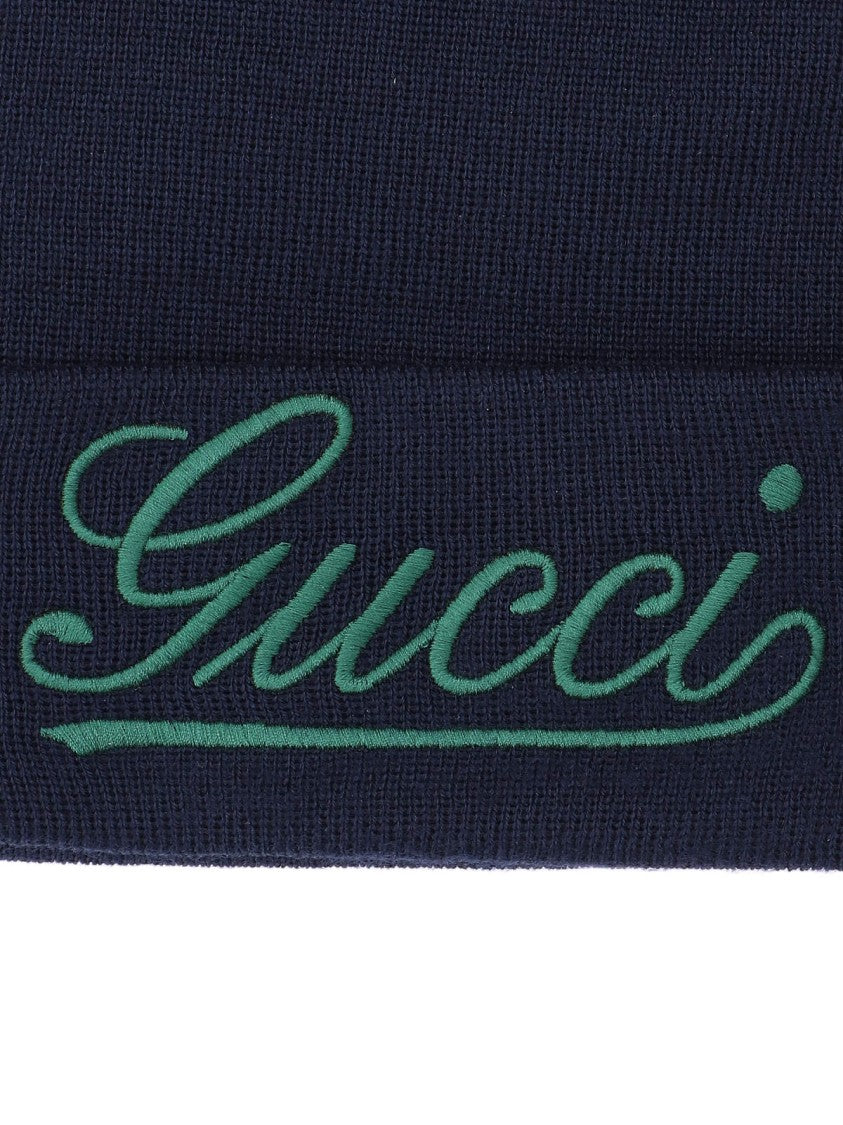 Gucci Navy Blue Wool Beanie With Green Logo Embroidery