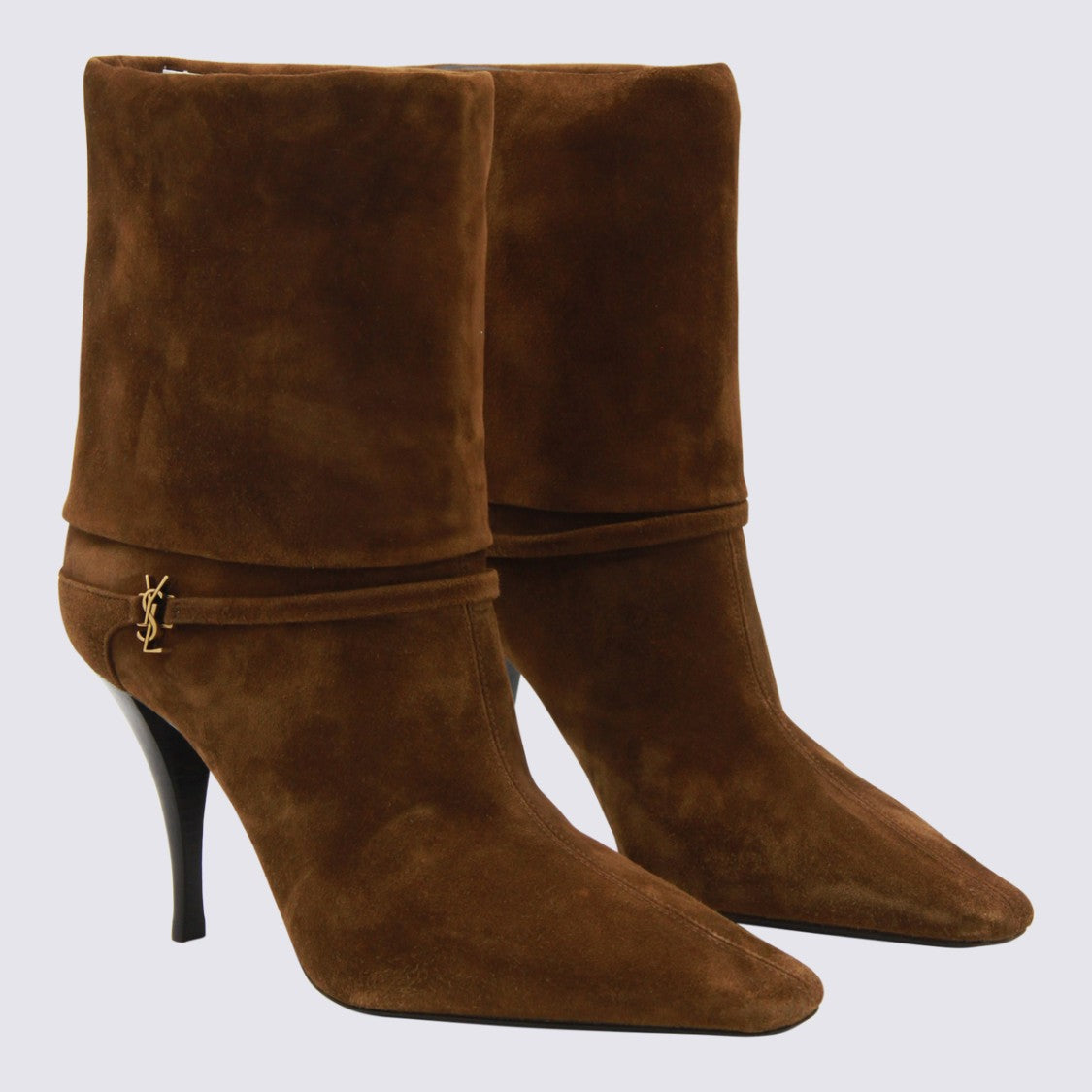 Saint Laurent Slouchy Brown Suede Mid-Calf Boots With Ankle Strap