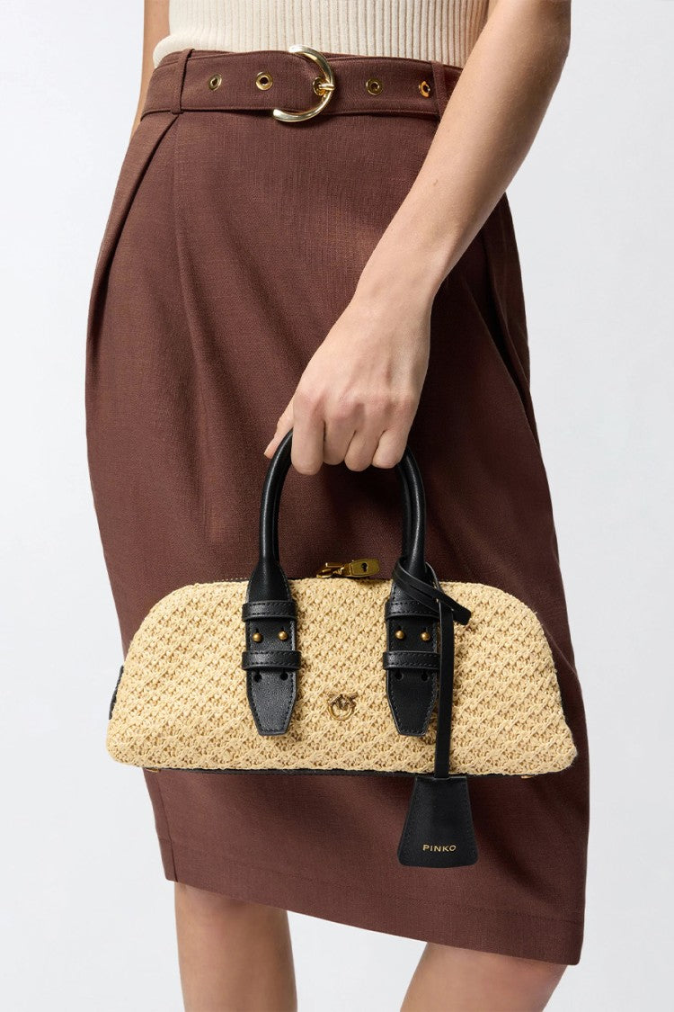 Pinko Beige Escape Raffia-Effect Leather Handles Polyethylene Tote Bag