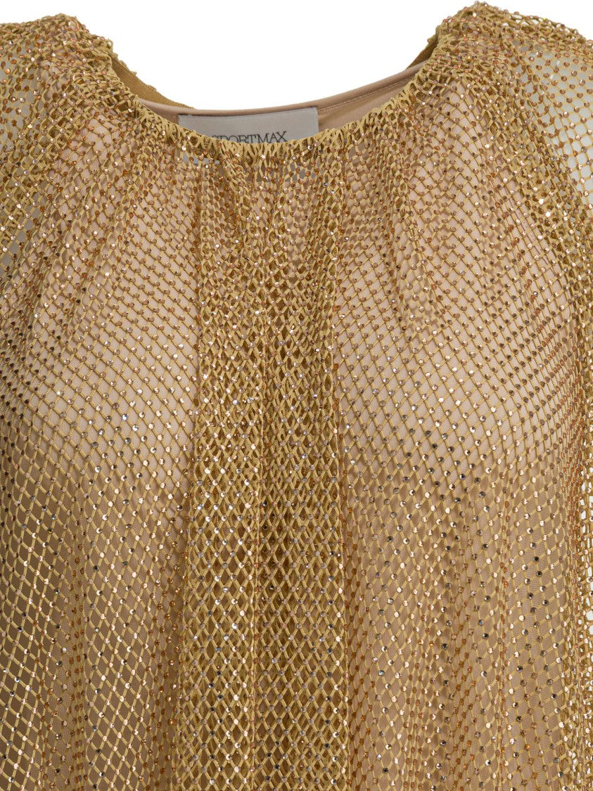 Max Mara Shimmering Gold Mesh Top With Voluminous Sleeves