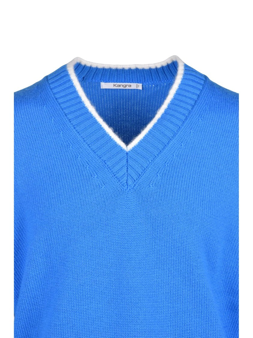 Kangra Light Blue V-Neck Sweater With White Stripe Accents