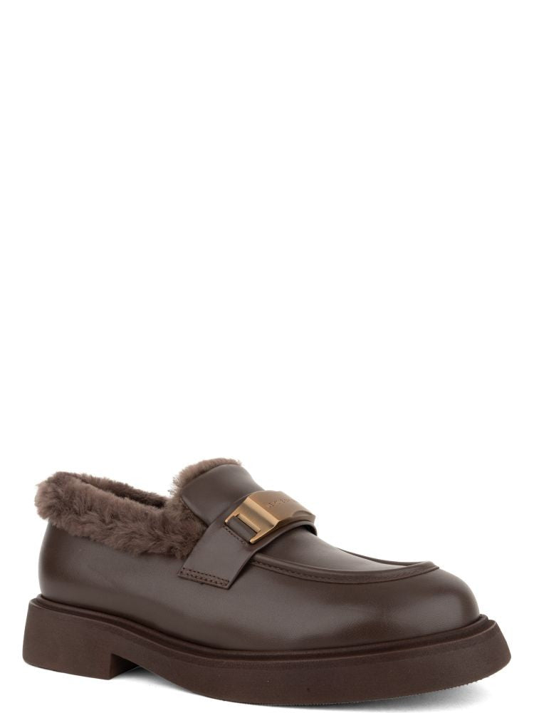 Adrianna Feretti Brown Plush Fur Lining Metallic Buckle Leather Loafers