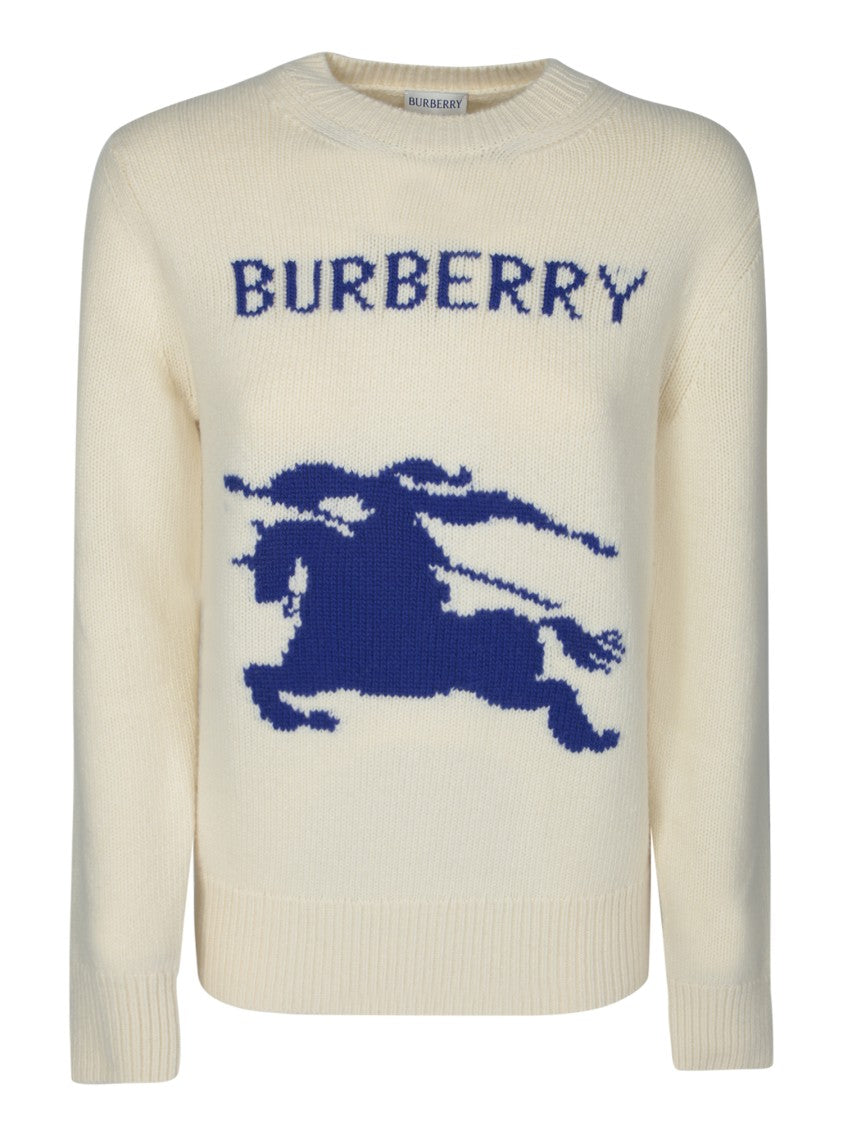 Burberry White Knitwear With Blue Horse Motif