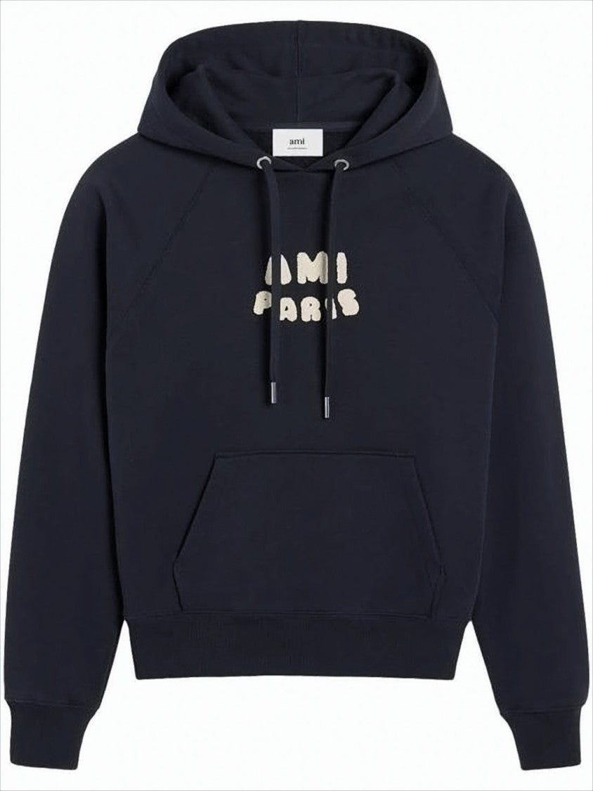 Ami Paris Cropped Black Hoodie With Textured Logo
