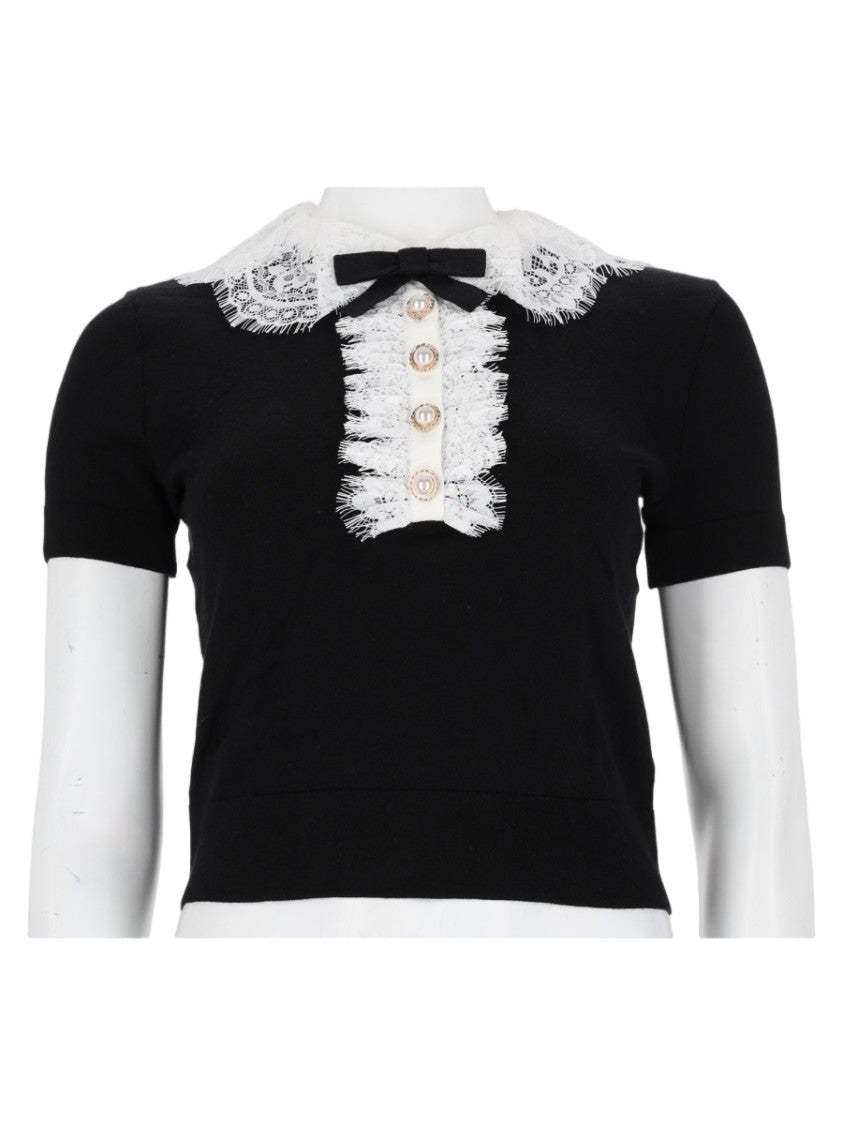 Self-Portrait Short-Sleeved Lace Details Wool Top