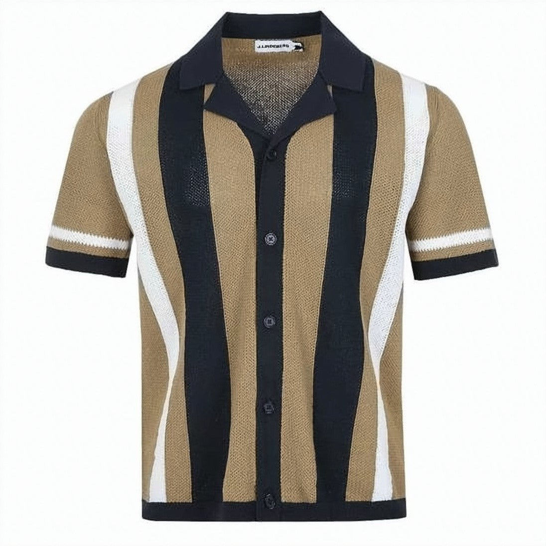 J Lindeberg Vertical Stripe Short-Sleeve Knit Shirt With Button-Down Front