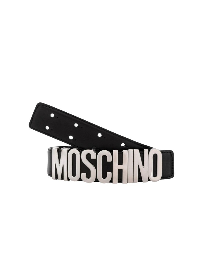 Moschino Black Leather Belt With Oversized Logo Detail