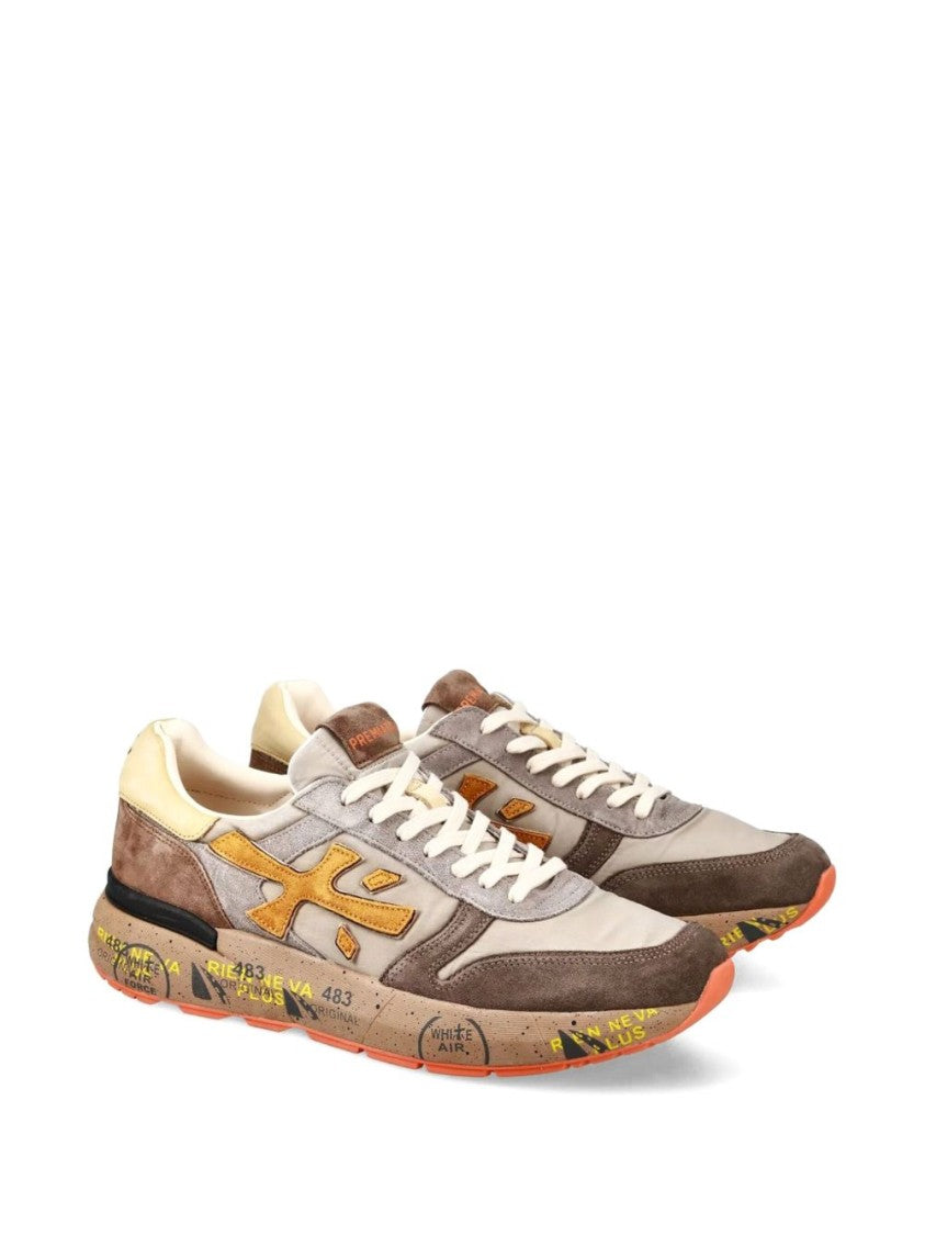 Premiata Beige And Brown Suede Sneakers With Mustard Yellow Logo