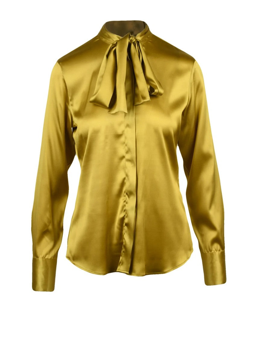 Xacus Yellow Tied Bow Detail Silk-Blend Satin Blouse