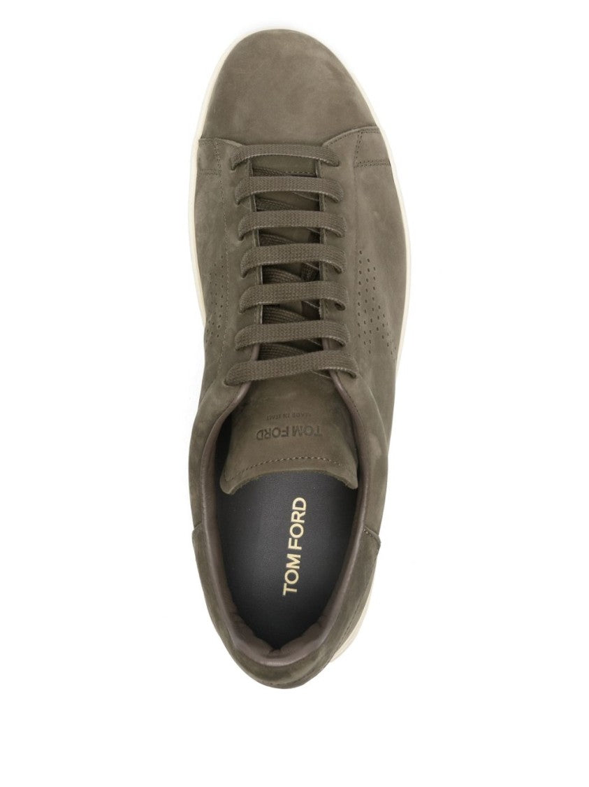 Tom Ford Green Suede Sneakers With Perforated Logo Detailing