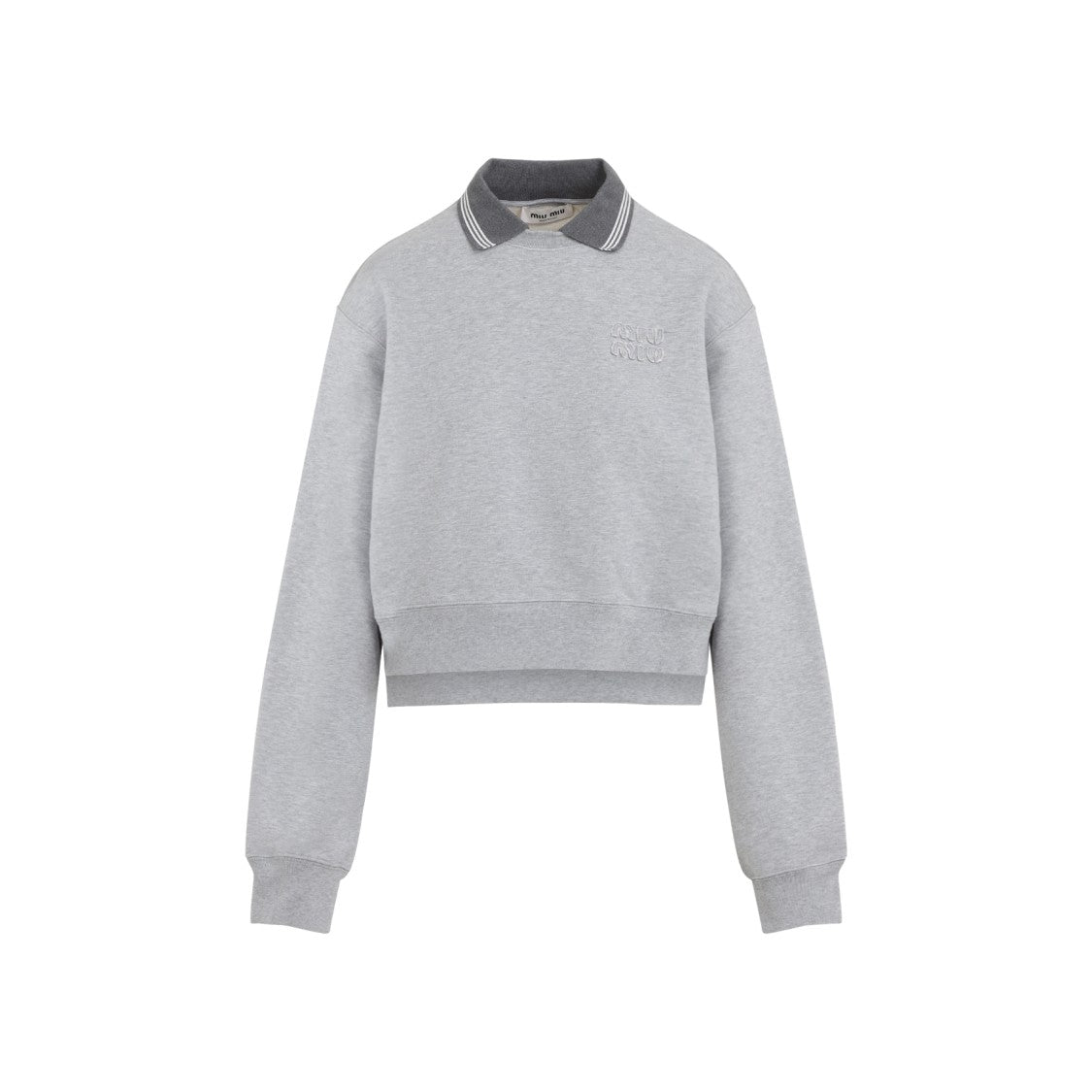 Miu Miu Cropped Heather Grey Sweatshirt With Contrasting Ribbed Details
