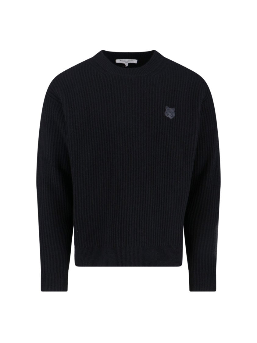 Maison Kitsuné Ribbed Knit Sweater With Cropped Fit And Embroidered Emblem
