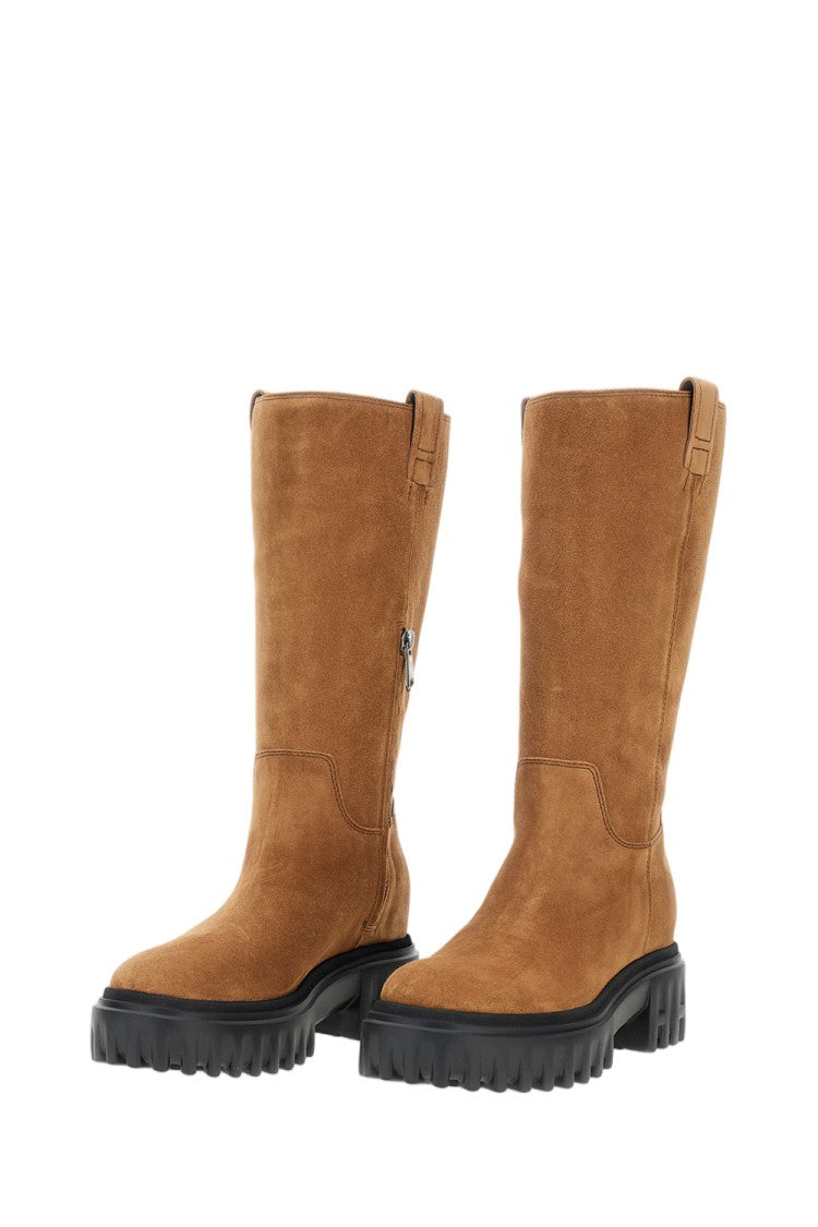 Hogan Mid-Calf Wood Brown Suede H700 Boots With Rubber Platform Sole