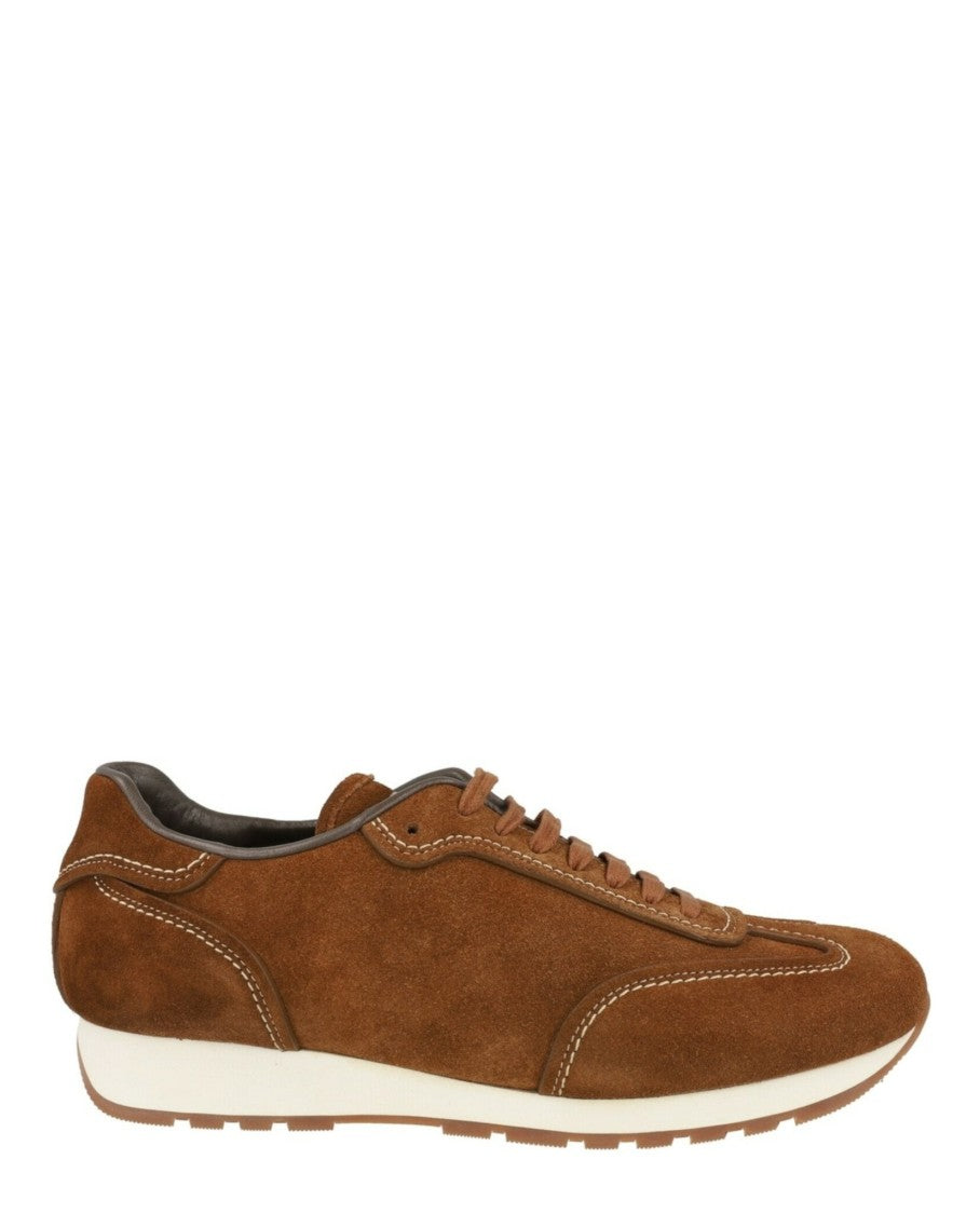 Brioni Brown Suede Runner Sneakers With Lace-Up Closure And Contrast Stitching