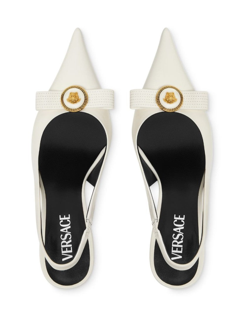 Versace Pointed Toe Slingback Heels With Textured Bow And Gold Medallion
