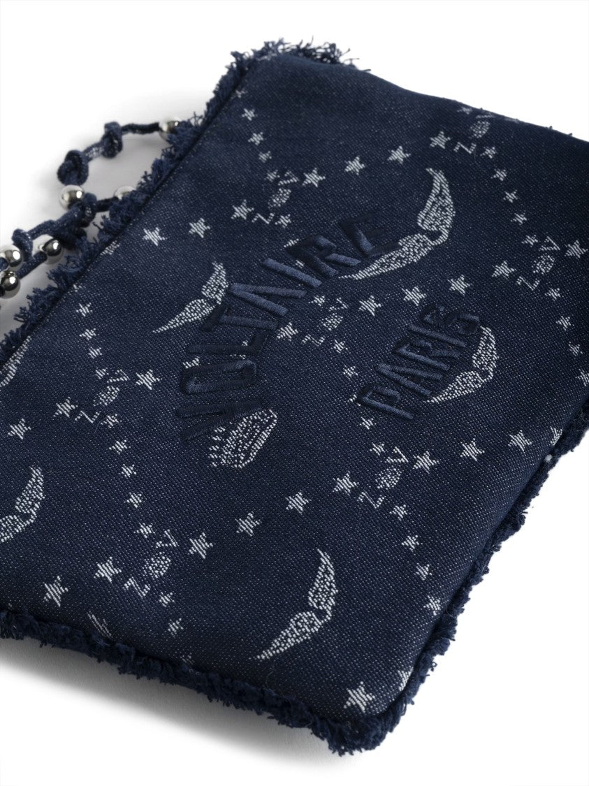 Zadig & Voltaire Rectangular Dark Denim Clutch With Embroidered Logo