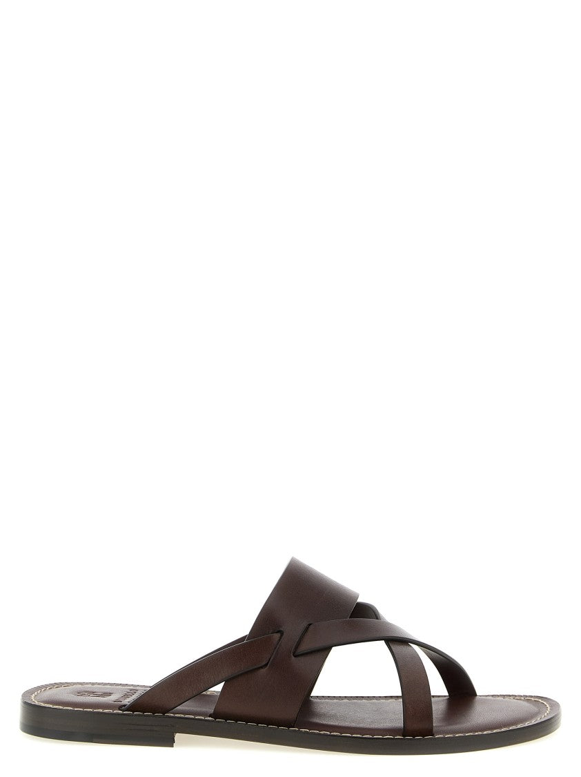 Brunello Cucinelli Brown Leather Sandals With Tpu Rubber Islands