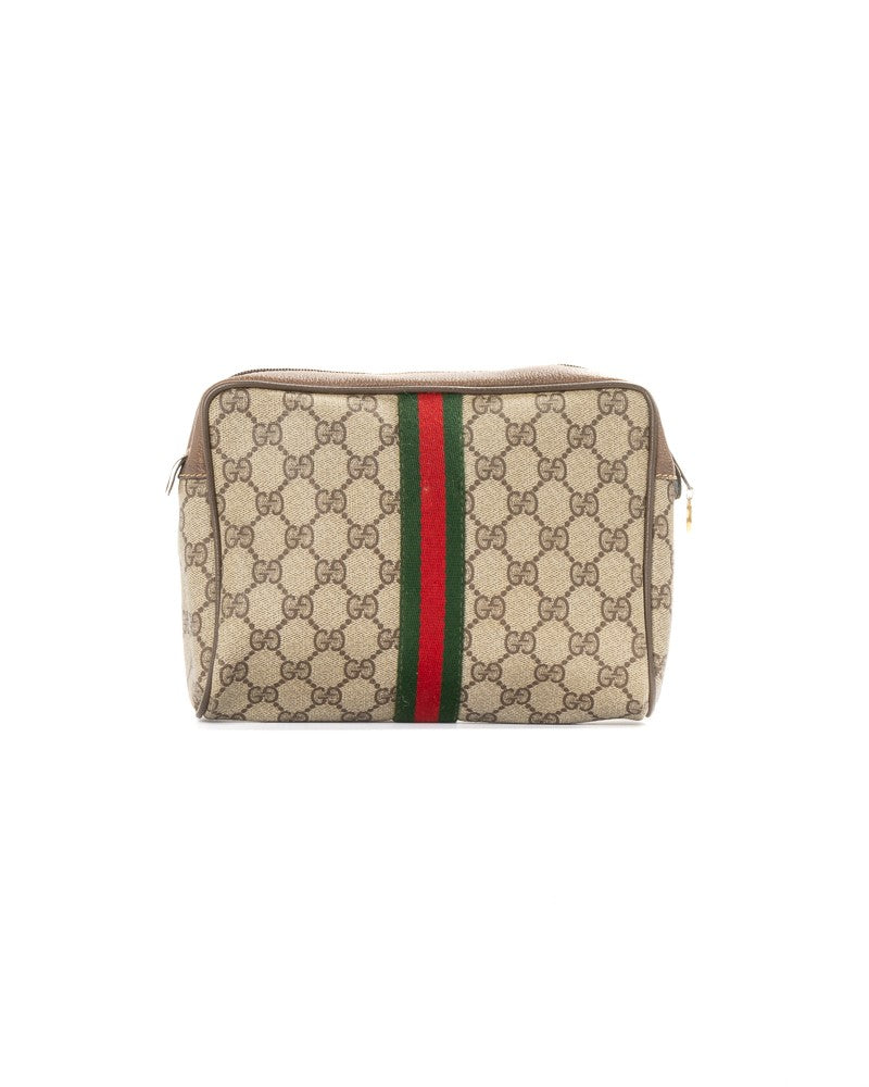 Gucci Vintage Gg Supreme Canvas Clutch With Brown Leather Accents