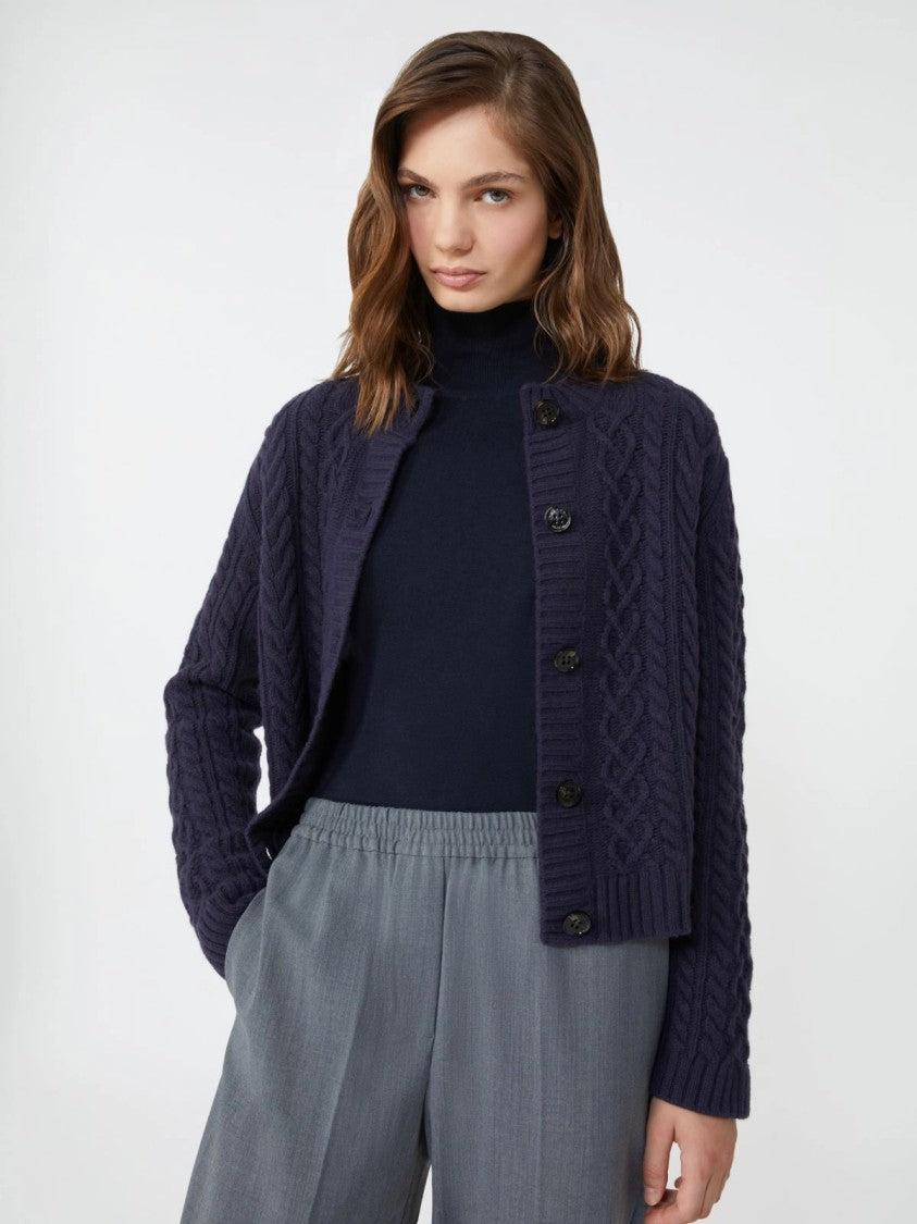 Max Mara Textured Navy Blue Cardigan With Ribbed Hem