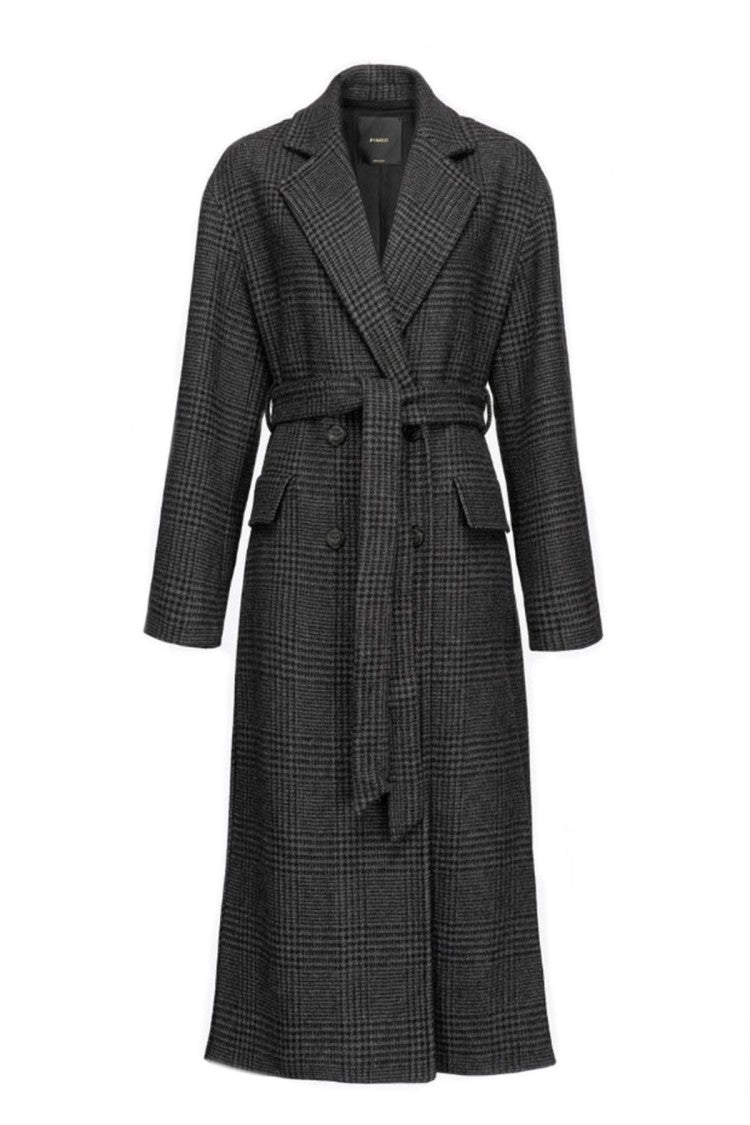 Pinko Grey Double-Breasted Houndstooth Check Wool-Blend Coat