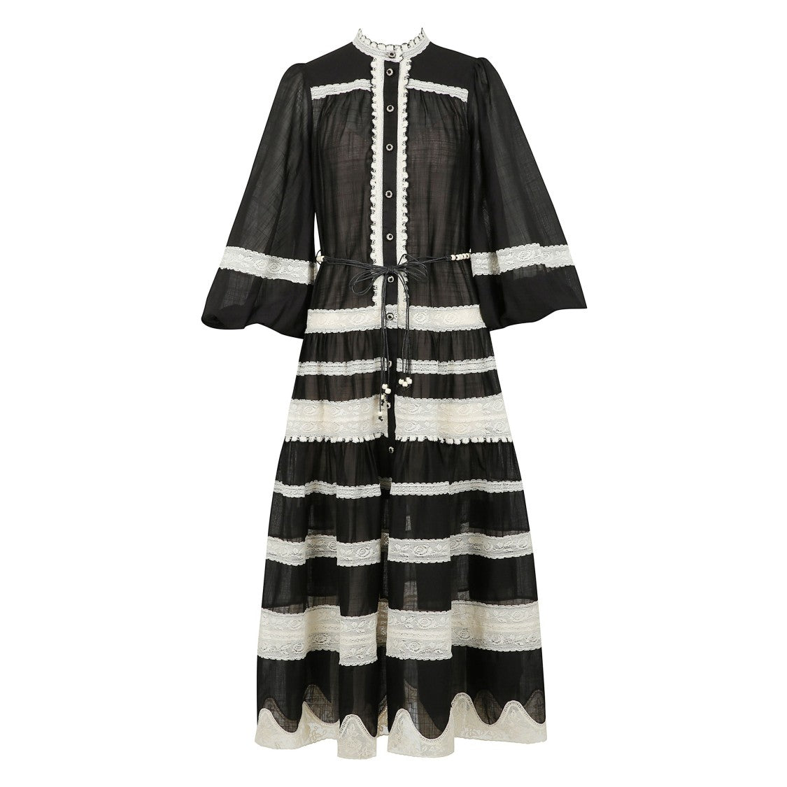 Zimmermann Puffed Sleeve Lace Midi Dress With Crochet Trims