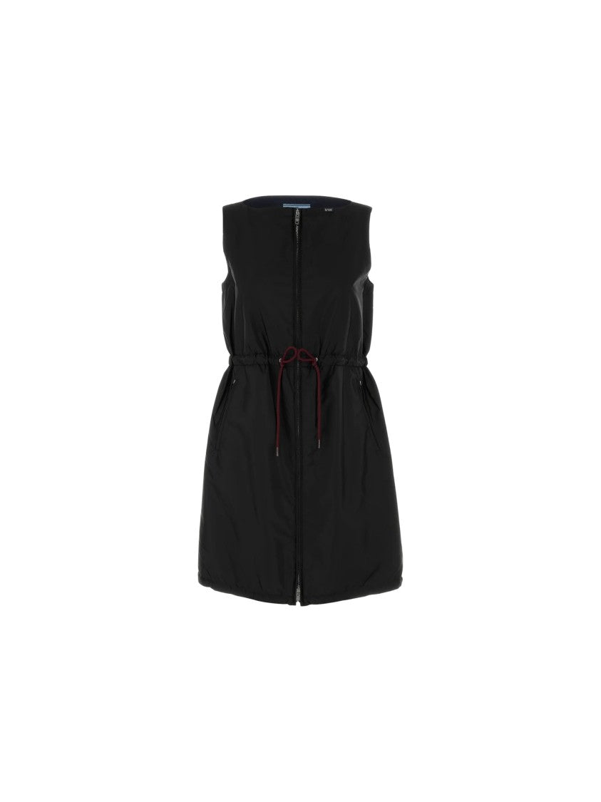 Prada Sleeveless Black Recycled Nylon Dress With Drawstring Waist