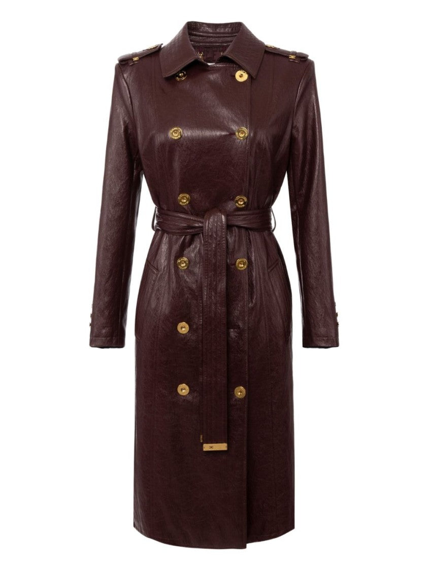 Elisabetta Franchi Bordeaux Double-Breasted Trench Coat With Glossy Finish