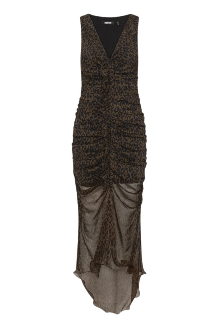 Rotate Brown Ruched Draped Leopard Print Midi Dress