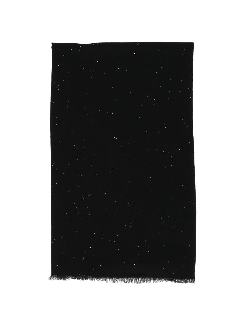 Faliero Sarti Rectangular Black Scarf With Shiny Specks And Fringe Finish