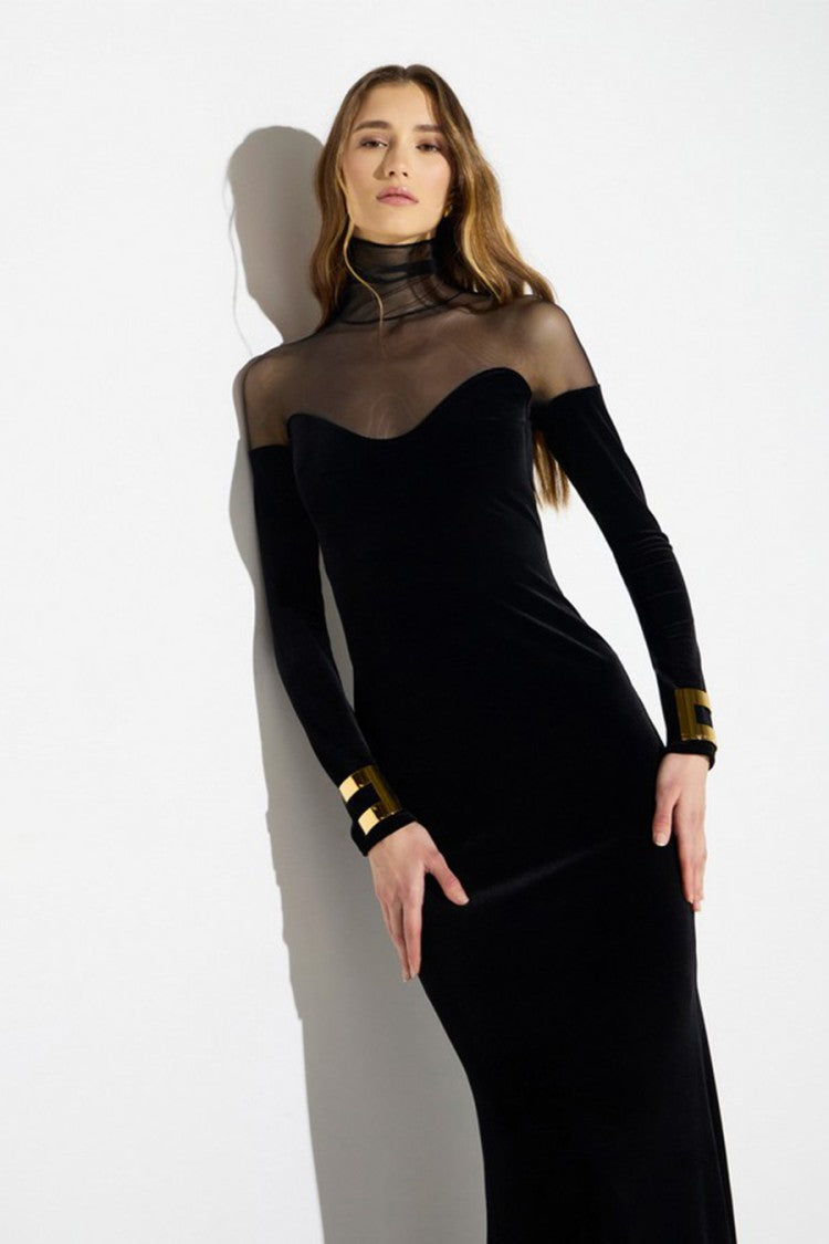 Elisabetta Franchi Black Polyester-Elastane Blend Sheer-Yoke Velvet Dress