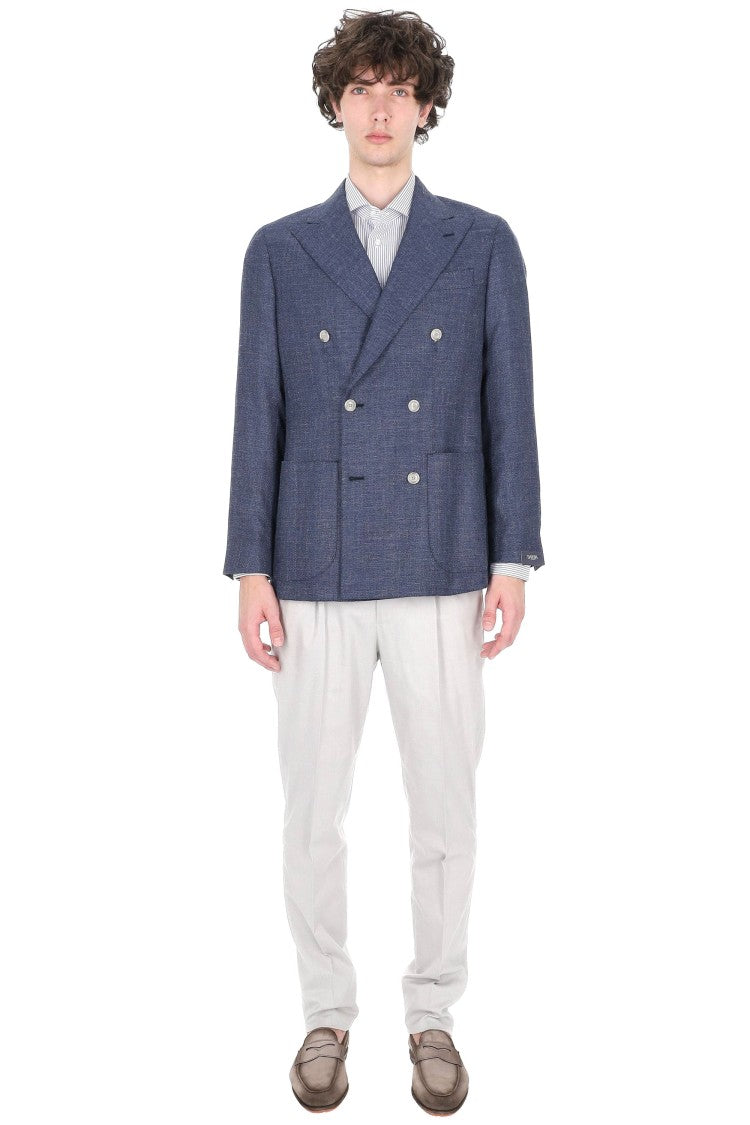 Barba Double-Breasted Textured Weave Jacket In Wool-Silk-Linen Blend