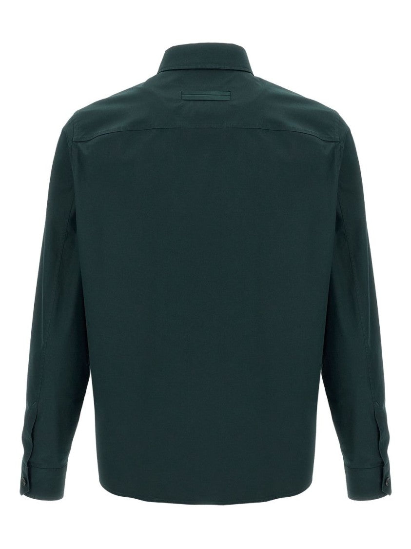 Zegna Green Cotton Shirt With Concealed Front And Dual Chest Pockets
