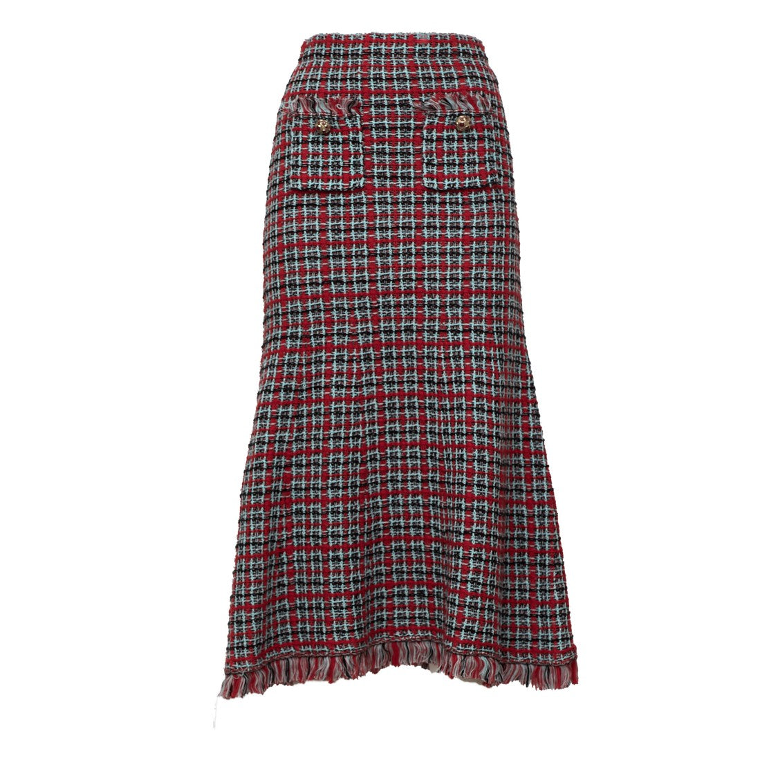 Self-Portrait Red Check Frayed Knit Midi Skirt