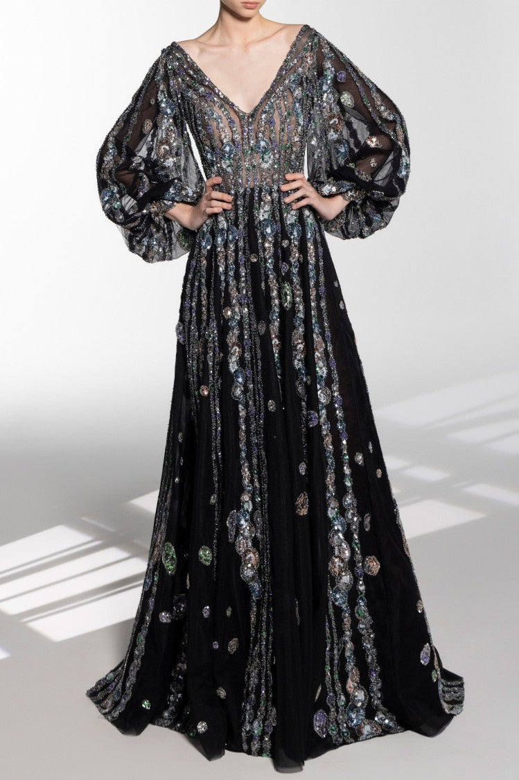 Saiid Kobeisy Tulle Beaded Dress With Bell Sleeves