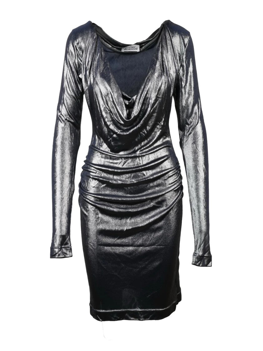 Vivienne Westwood Fitted Mini Dress With Draped Cowl Neckline And Silver Lamé Finish