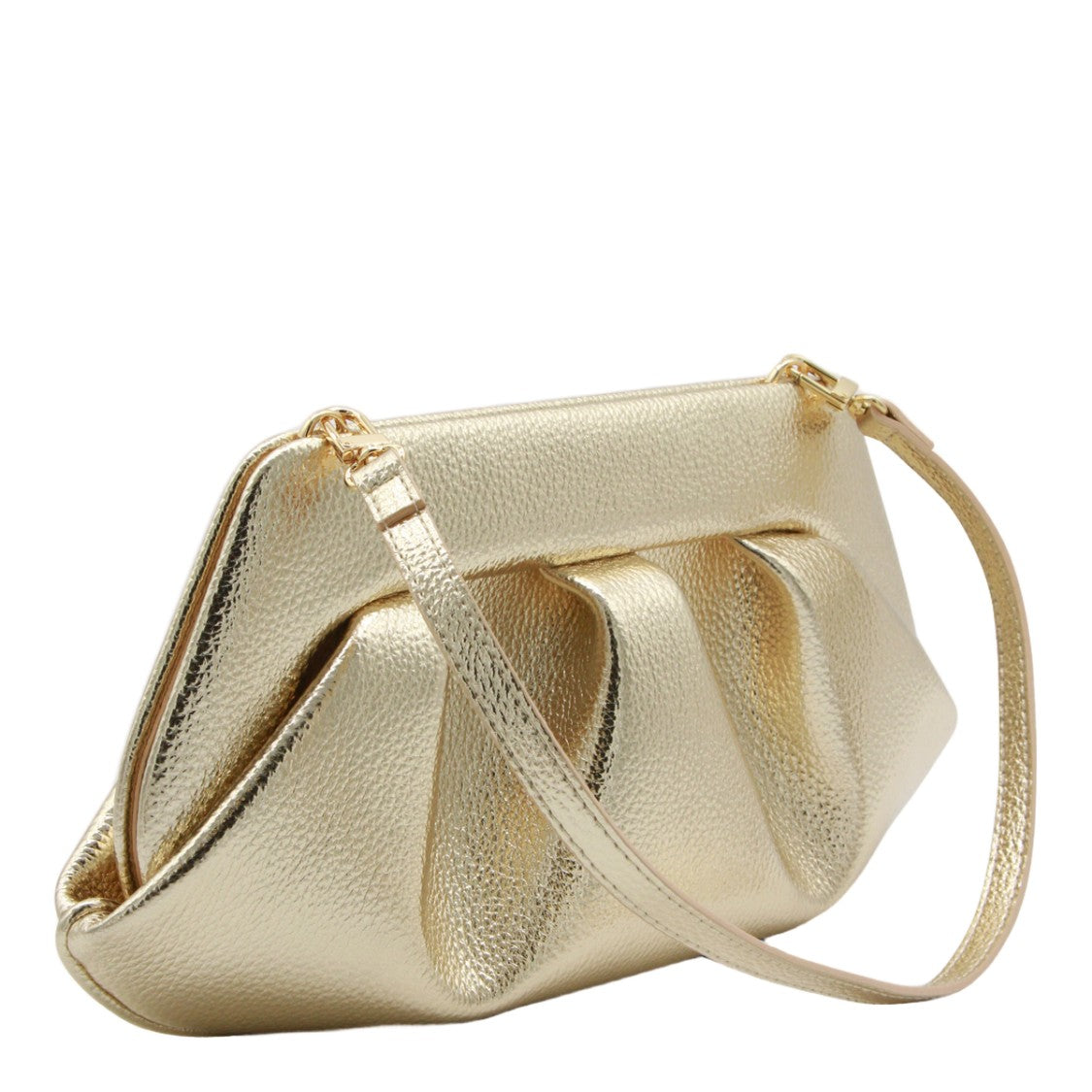 Themoirè Structured Handbag With Metallic Gold Finish And Pleated Design