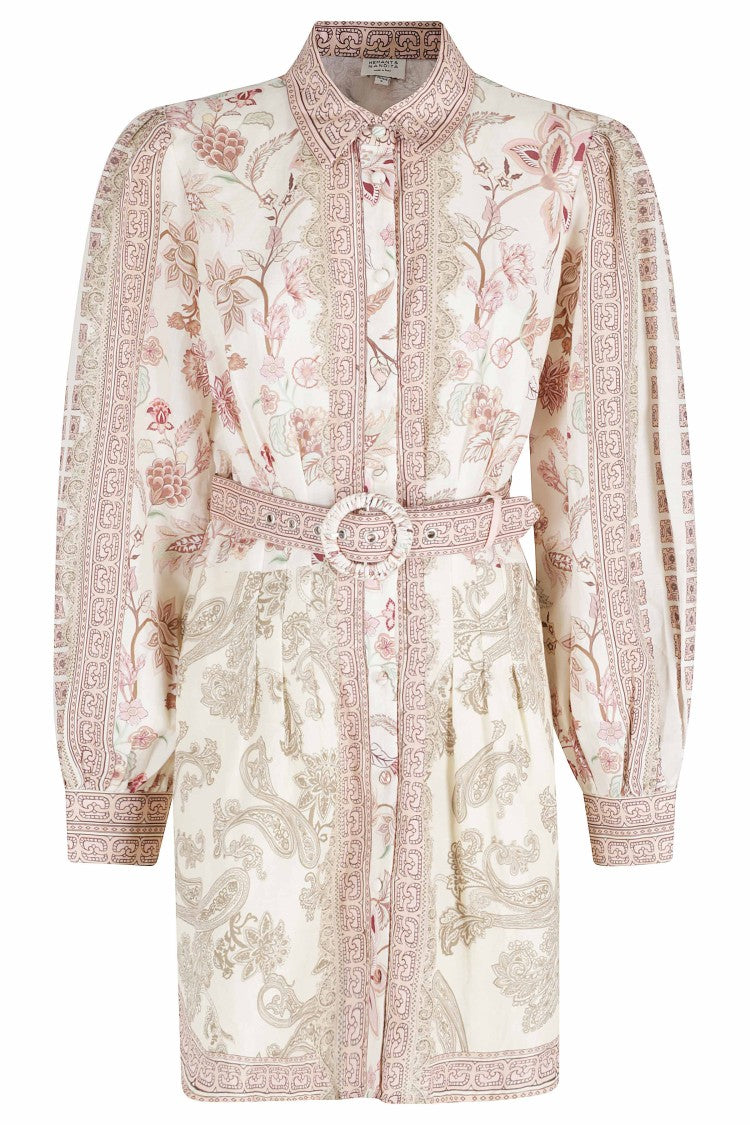 Hemant & Nandita Cream Dani Mini Belted Floral Linen-Blend Dress
