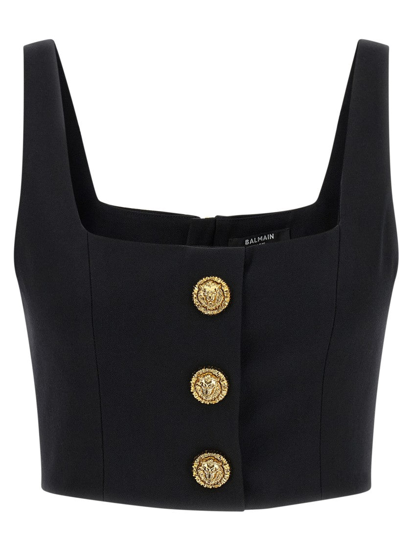 Balmain Cropped Wool Top With Ornate Lion Head Buttons