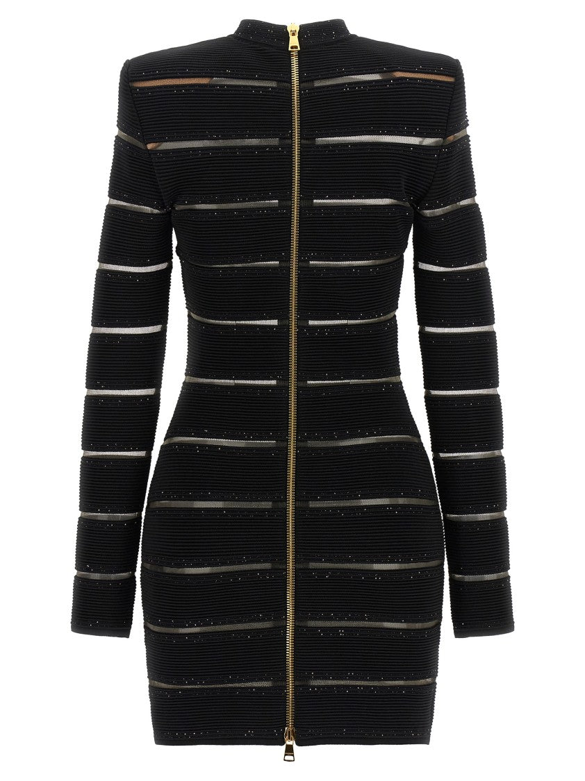 Balmain Fitted Black Mini Dress With Mesh Inserts And Sequin Detailing