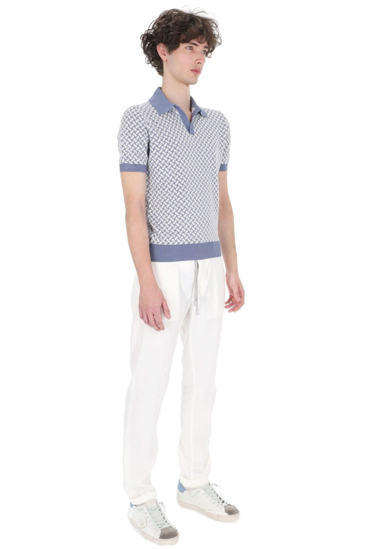 Drumohr White Blue Biscottino Cotton-Linen Polo Shirt