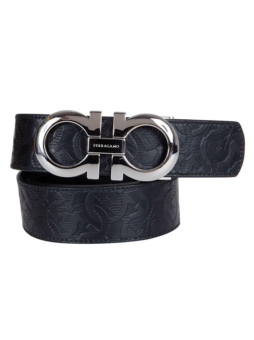 Ferragamo Embossed Black Leather Belt With Interlocking Buckle