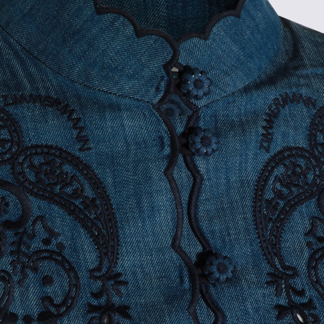 Zimmermann Blue Denim Shirt With Intricate Black Embroidery