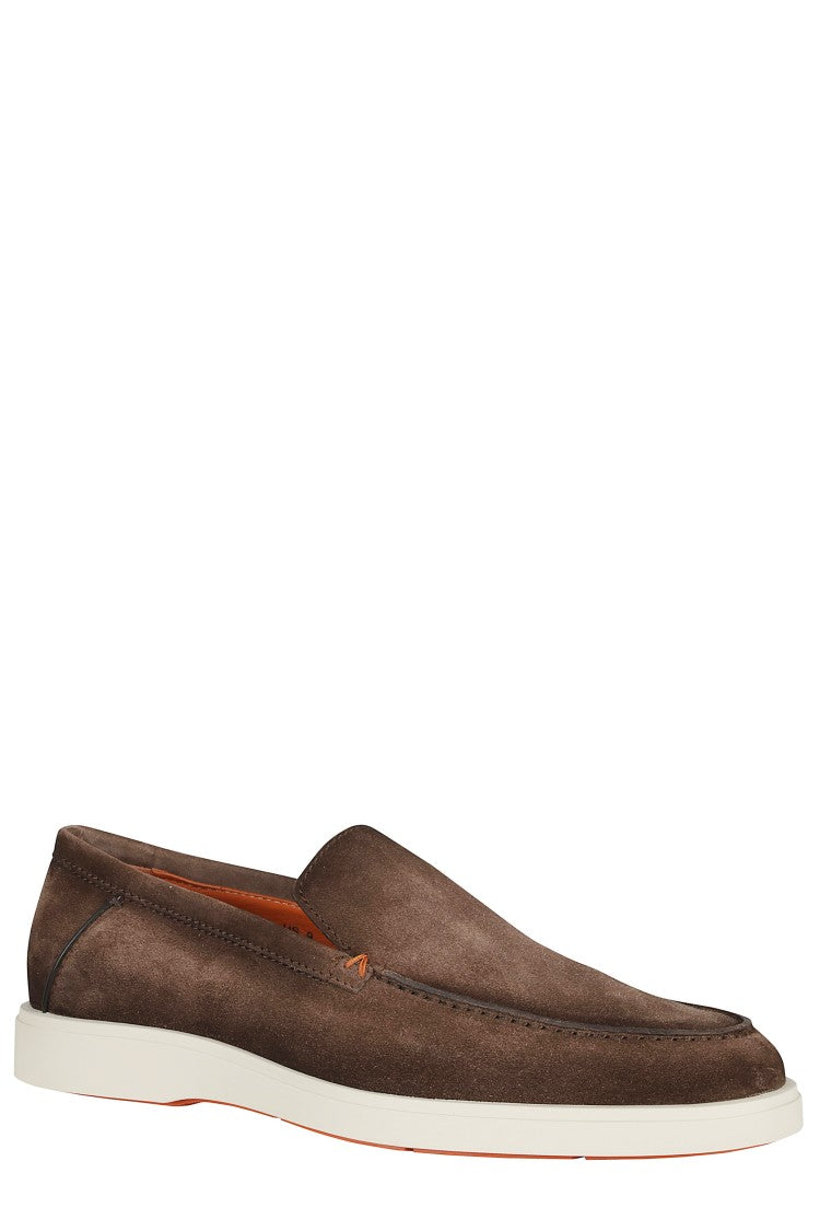Santoni Brown Detroit Suede Leather Rubber Sole Leather Loafers