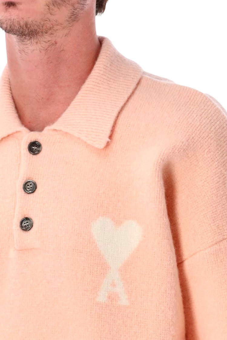 Ami Paris Peach Alpaca-Wool Blend Heart-Logo Polo Sweater